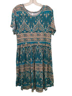 Longyuan Boho Style Paisley Print Teal & Beige Short Sleeve Midi Dress size XL